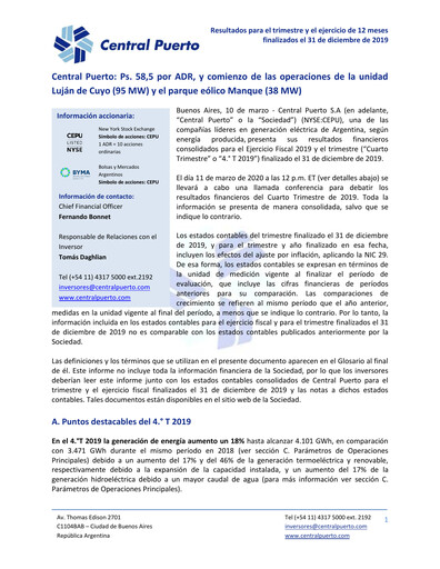 Thumbnail Central Puerto
 Quarterly Report 2019-q4