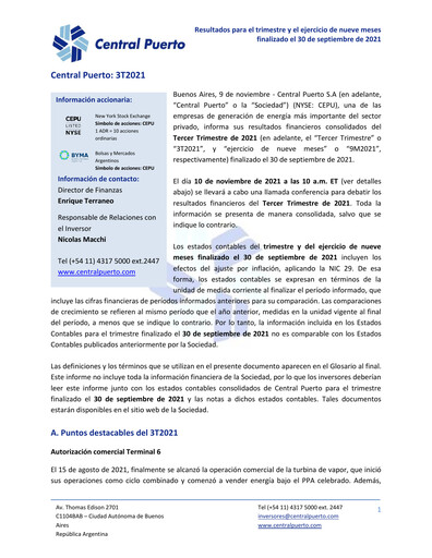 Thumbnail Central Puerto
 Quarterly Report 2021-q3
