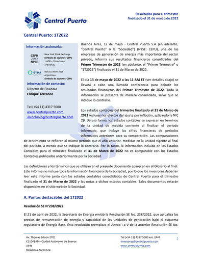 Thumbnail Central Puerto
 Quarterly Report 2022-q1
