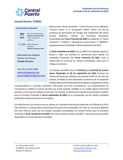 Thumbnail Central Puerto
 Quarterly Report 2022-q3