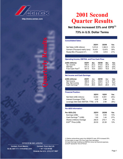 Thumbnail Cemex Quarterly Report 2001-q2