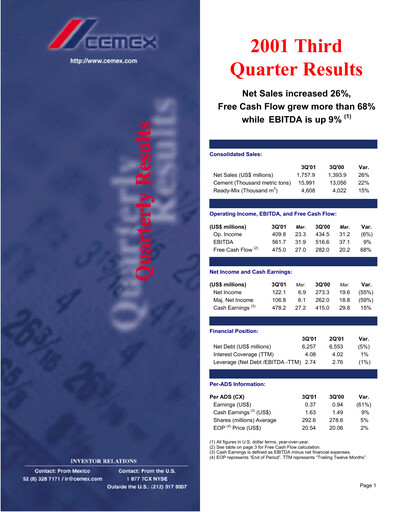 Thumbnail Cemex Quarterly Report 2001-q3