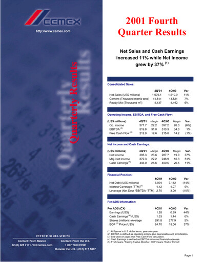 Thumbnail Cemex Quarterly Report 2001-q4