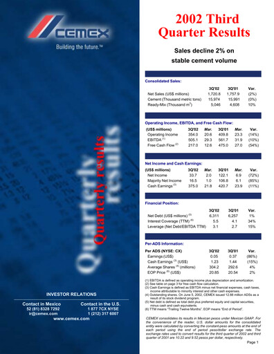 Thumbnail Cemex Quarterly Report 2002-q3