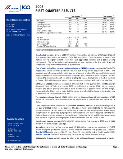 Thumbnail Cemex Quarterly Report 2006-q1