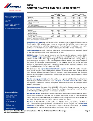 Thumbnail Cemex Quarterly Report 2006-q4