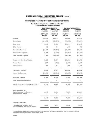 Thumbnail Dutch Lady Milk Industries Quarterly Report 2014-q3