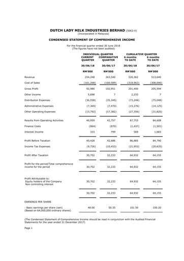 Thumbnail Dutch Lady Milk Industries Quarterly Report 2018-q2