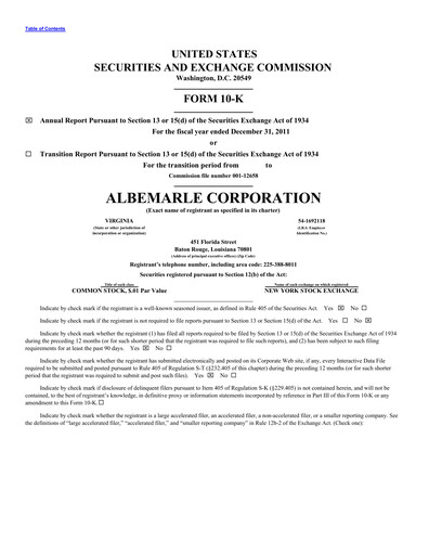 Thumbnail Albemarle Annual Report 2011