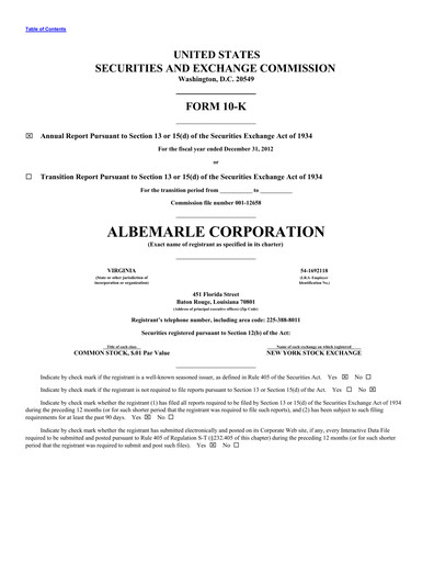 Thumbnail Albemarle Annual Report 2012