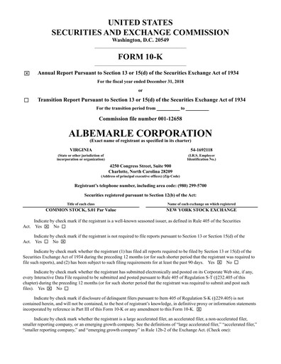 Thumbnail Albemarle Annual Report 2018