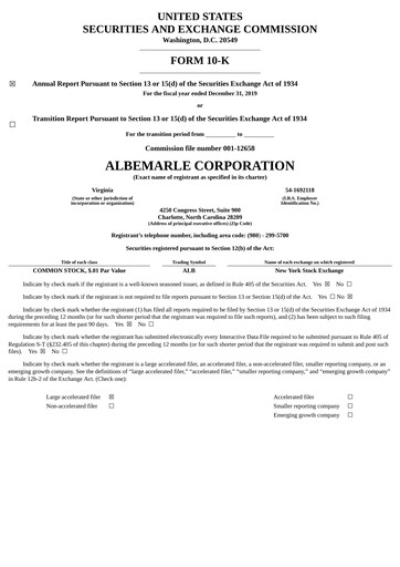 Thumbnail Albemarle Annual Report 2019