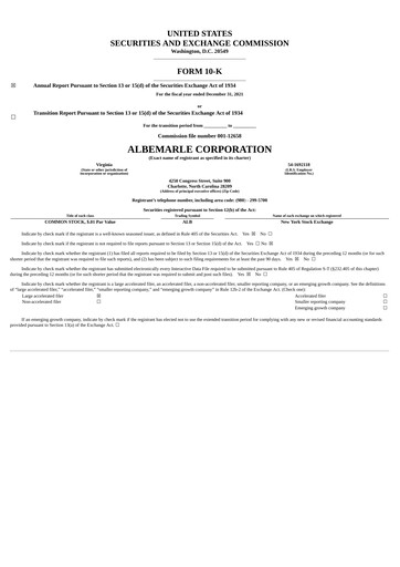 Thumbnail Albemarle Annual Report 2021