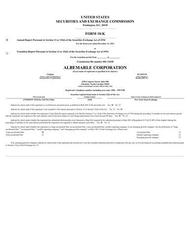 Thumbnail Albemarle Annual Report 2023