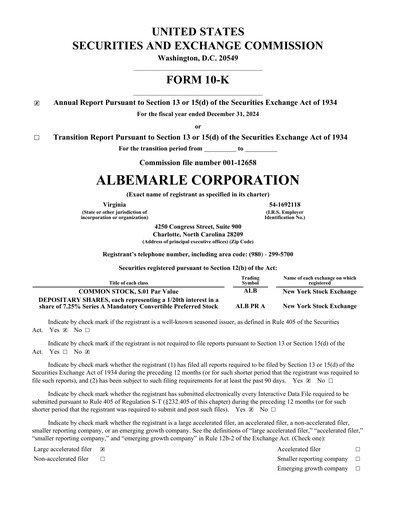 Thumbnail Albemarle Annual Report 2024