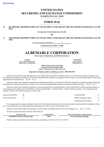 Thumbnail Albemarle Quarterly Report 2022-q2