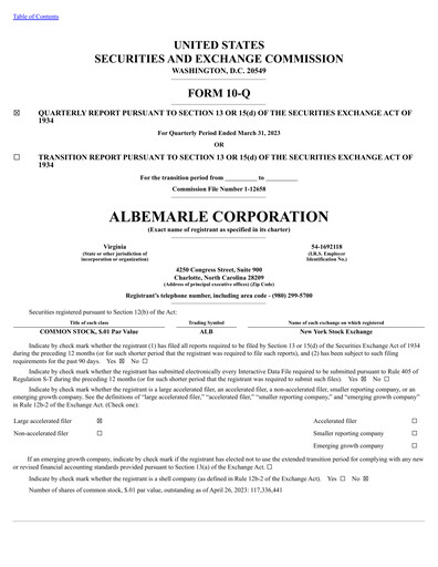 Thumbnail Albemarle Quarterly Report 2023-q1