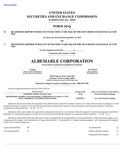 Thumbnail Albemarle Quarterly Report 2025-q3