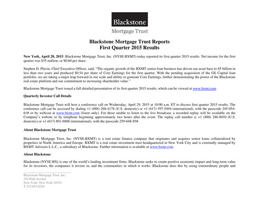 Miniature Blackstone Mortgage Trust
 Rapport trimestriel 2015-q1