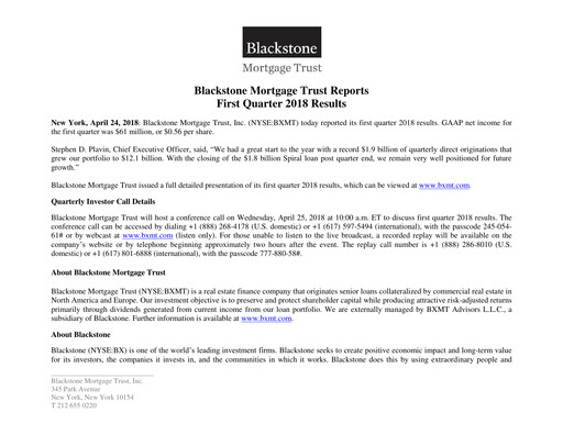 Miniature Blackstone Mortgage Trust
 Rapport trimestriel 2018-q1