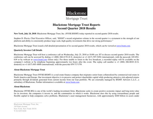 Miniature Blackstone Mortgage Trust
 Rapport trimestriel 2018-q2