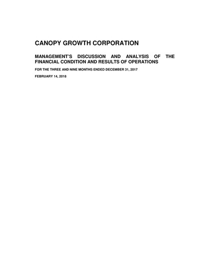 Thumbnail Canopy Growth Quarterly Report 2018-q3