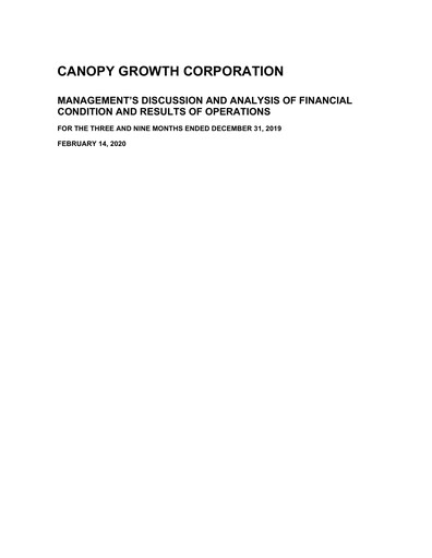 Thumbnail Canopy Growth Quarterly Report 2020-q3