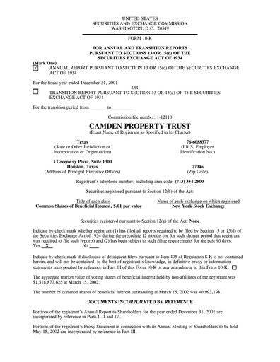 Miniature Camden Property Trust
 Rapport financier 2001