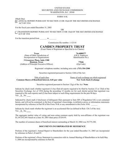 Miniature Camden Property Trust
 Rapport financier 2003
