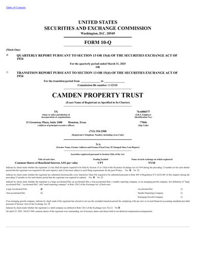 Thumbnail Camden Property Trust
 Quarterly Report 2025-q1