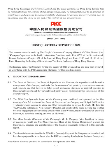 Thumbnail The People's Insurance Company (PICC) Quarterly Report 2020-q1