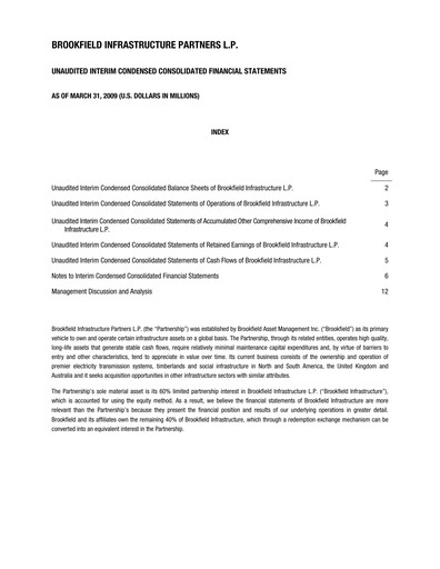 Thumbnail Brookfield Infrastructure Partners
 Quarterly Report 2009-q1