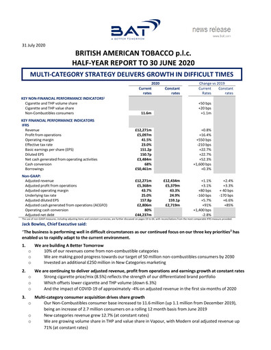 Thumbnail British American Tobacco Half-year Report 2020-h1