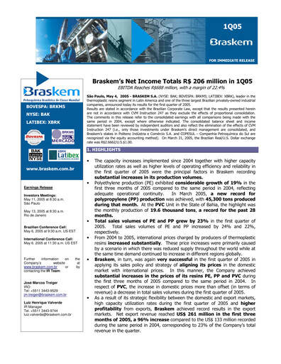 Thumbnail Braskem Quarterly Report 2005-q1