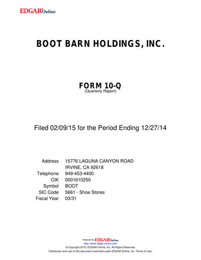 Thumbnail Boot Barn Holdings
 Quarterly Report 2015-q3