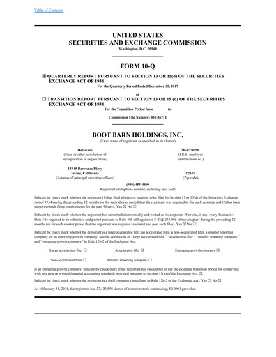 Thumbnail Boot Barn Holdings
 Quarterly Report 2018-q3