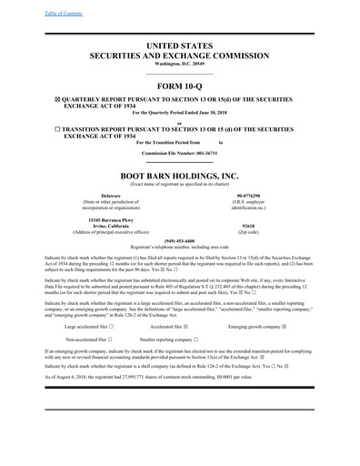 Thumbnail Boot Barn Holdings
 Quarterly Report 2019-q1