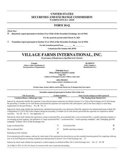 Thumbnail Village Farms International Quarterly Report 2021-q1