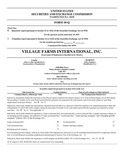 Thumbnail Village Farms International Quarterly Report 2021-q2