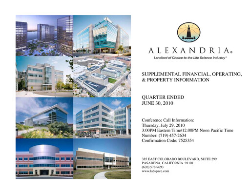 Vorschaubild Alexandria Real Estate Equities
 Quartalsbericht 2010-q2