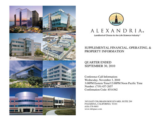 Vorschaubild Alexandria Real Estate Equities
 Quartalsbericht 2010-q3