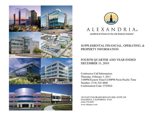 Vorschaubild Alexandria Real Estate Equities
 Quartalsbericht 2010-q4