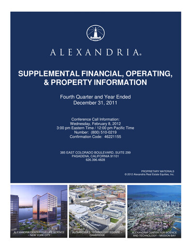 Vorschaubild Alexandria Real Estate Equities
 Quartalsbericht 2011-q4