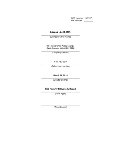 Vorschaubild Ayala Land Quartalsbericht 2015-q1