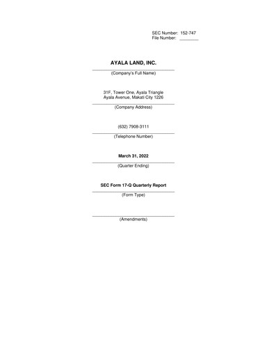 Vorschaubild Ayala Land Quartalsbericht 2022-q1
