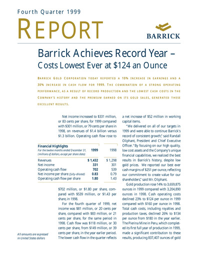 Thumbnail Barrick Gold Financial Statement 1999