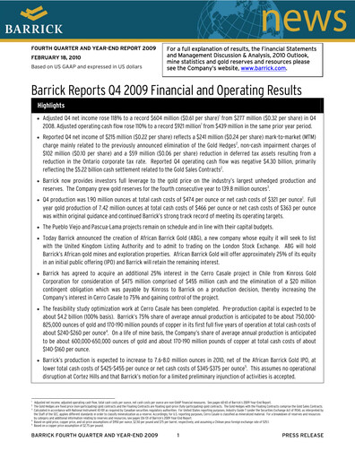 Thumbnail Barrick Gold Financial Statement 2009