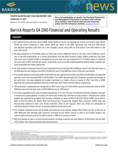 Thumbnail Barrick Gold Financial Statement 2010