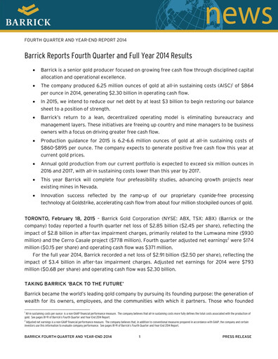 Thumbnail Barrick Gold Financial Statement 2014