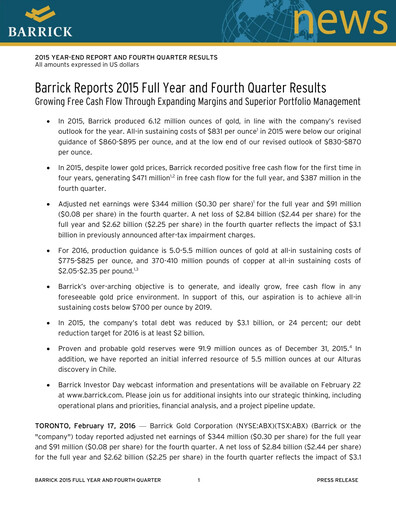 Thumbnail Barrick Gold Financial Statement 2015